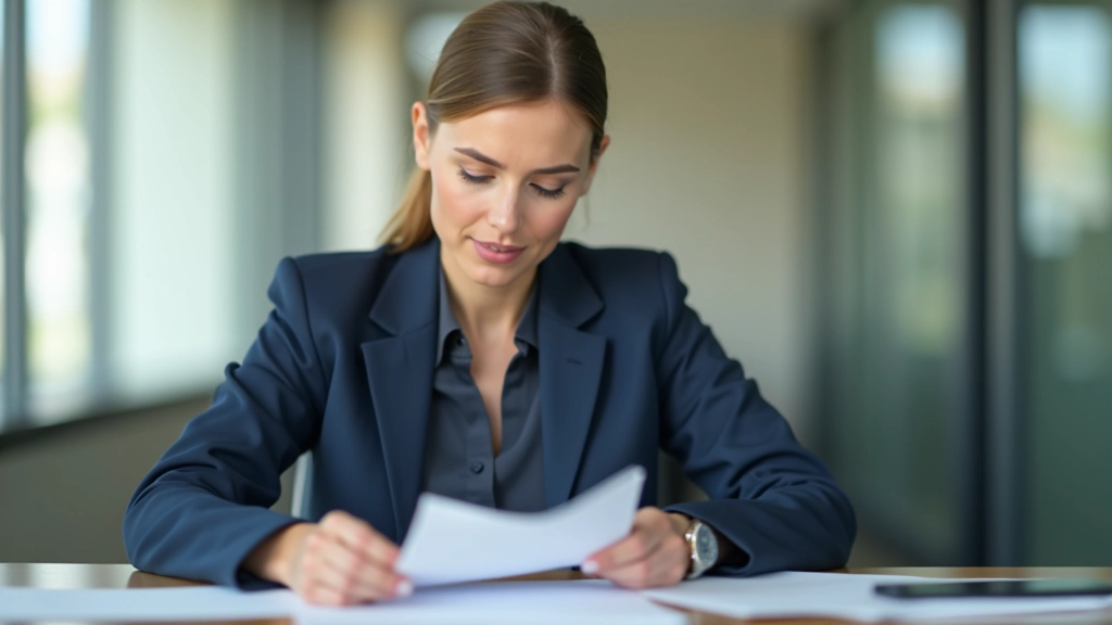 Geschäftsfrau mittleren Alters bei der Überprüfung von Dokumenten, Schreibtisch mit Verträgen und Kaffee, natürliche Beleuchtung vom Fenster