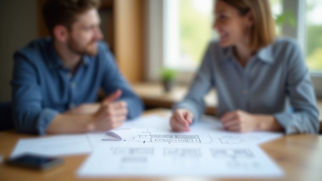 Personen schauen auf Grundriss eines Hauses, Baupläne auf Tisch, Planungsphase für Hausbau