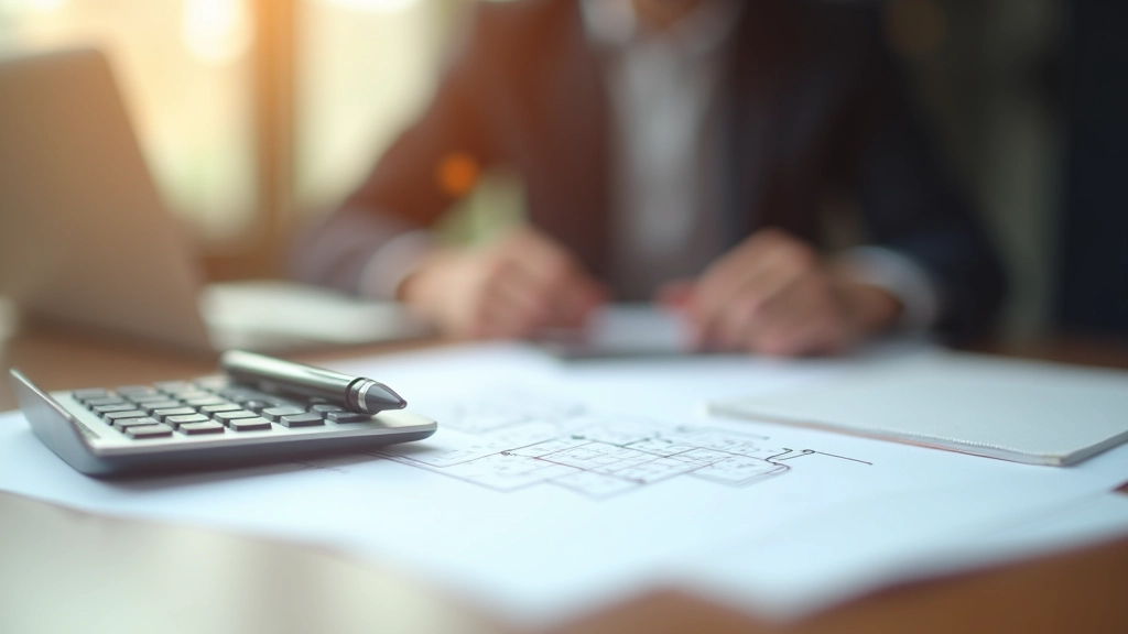 Schreibtisch mit Taschenrechner, Bauplan und Notizbuch, Finanzplanung für Wohneigentum