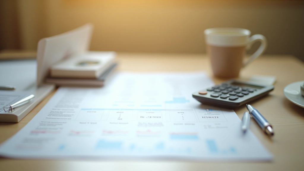 Schreibtisch mit Taschenrechner, Finanzunterlagen und Kaffeetasse, Arbeitsplatz für Finanzplanung
