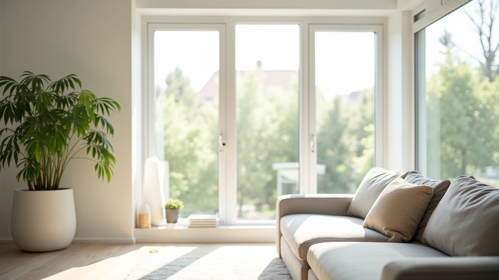 Modernes Wohnzimmer mit großem Fenster, helles Tageslicht, minimalistisch eingerichtet mit Sofa und Pflanze