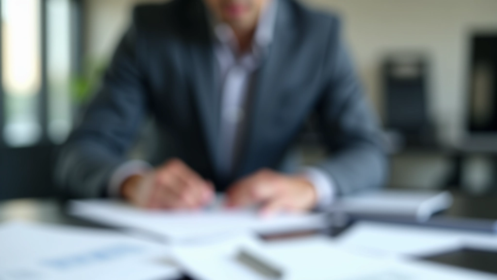 Person studiert Bausparvertrag Unterlagen mit Dokumenten auf Schreibtisch