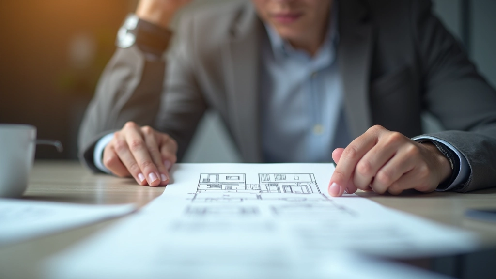 Person schaut auf Grundrisse und Baupläne, Hausplanung mit Dokumenten auf Schreibtisch
